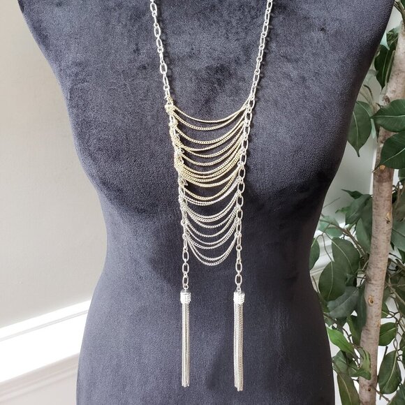 JLO Women's Jewelry Two Tone Chain Drapes & Tassel Long Necklace Lobster Clasp - Picture 1 of 7